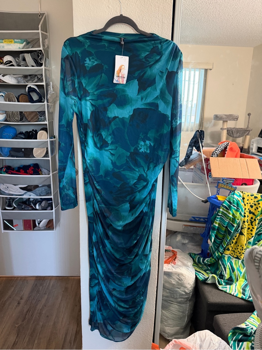 Teal Floral Long-Sleeve Ruched Maxi Dress